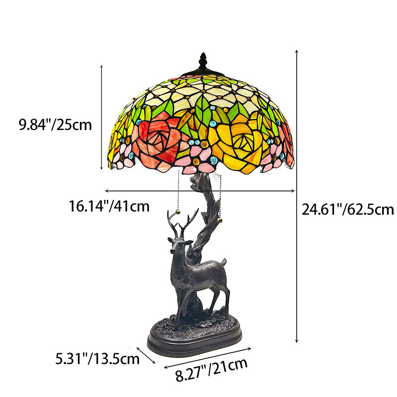 Traditional Tiffany Glass Iron Dome Deer Base Rose Flower 2-Light Table Lamp For Bedroom