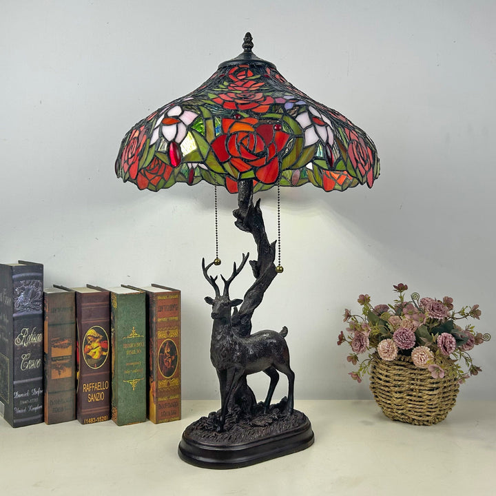 Traditional Tiffany Glass Iron Dome Deer Base Rose Flower 2-Light Table Lamp For Bedroom