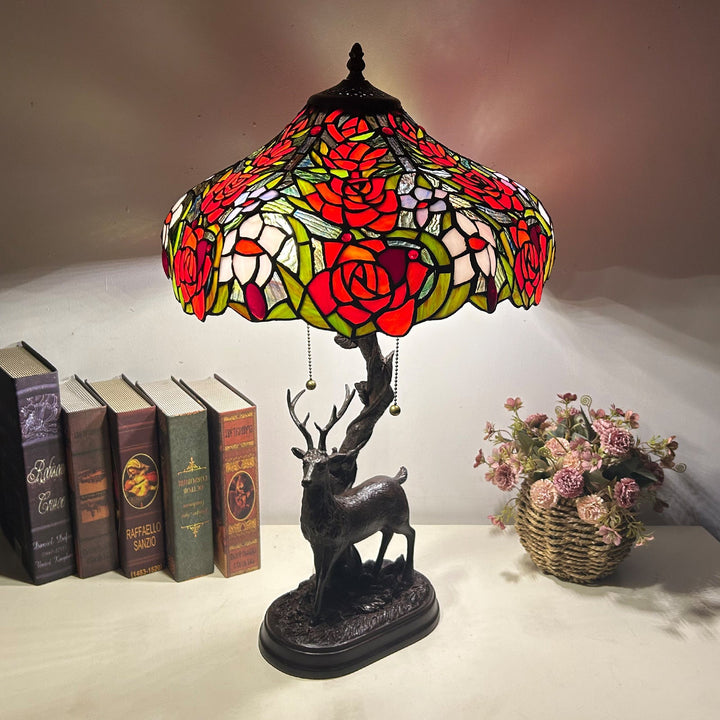 Traditional Tiffany Glass Iron Dome Deer Base Rose Flower 2-Light Table Lamp For Bedroom