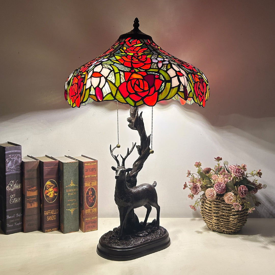 Traditional Tiffany Glass Iron Dome Deer Base Rose Flower 2-Light Table Lamp For Bedroom
