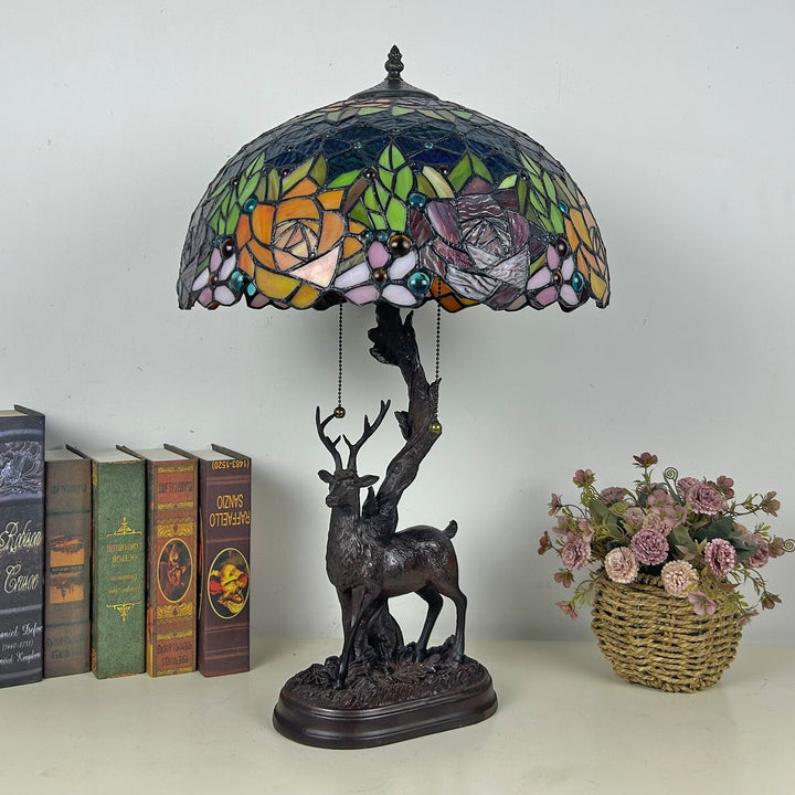 Traditional Tiffany Glass Iron Dome Deer Base Rose Flower 2-Light Table Lamp For Bedroom