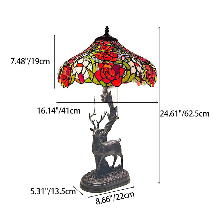Traditional Tiffany Glass Iron Dome Deer Base Rose Flower 2-Light Table Lamp For Bedroom