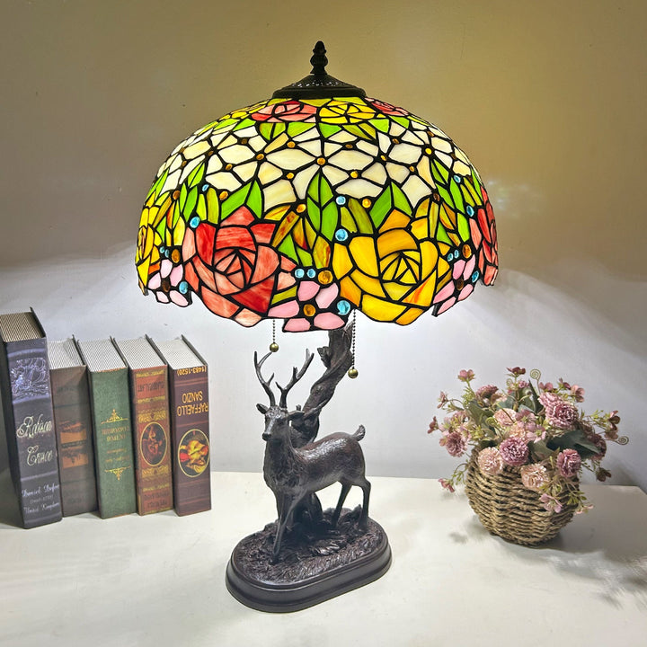 Traditional Tiffany Glass Iron Dome Deer Base Rose Flower 2-Light Table Lamp For Bedroom