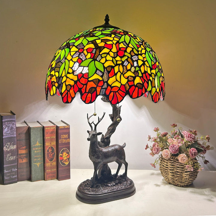 Traditional Tiffany Glass Iron Dome Deer Base Rose Flower 2-Light Table Lamp For Bedroom
