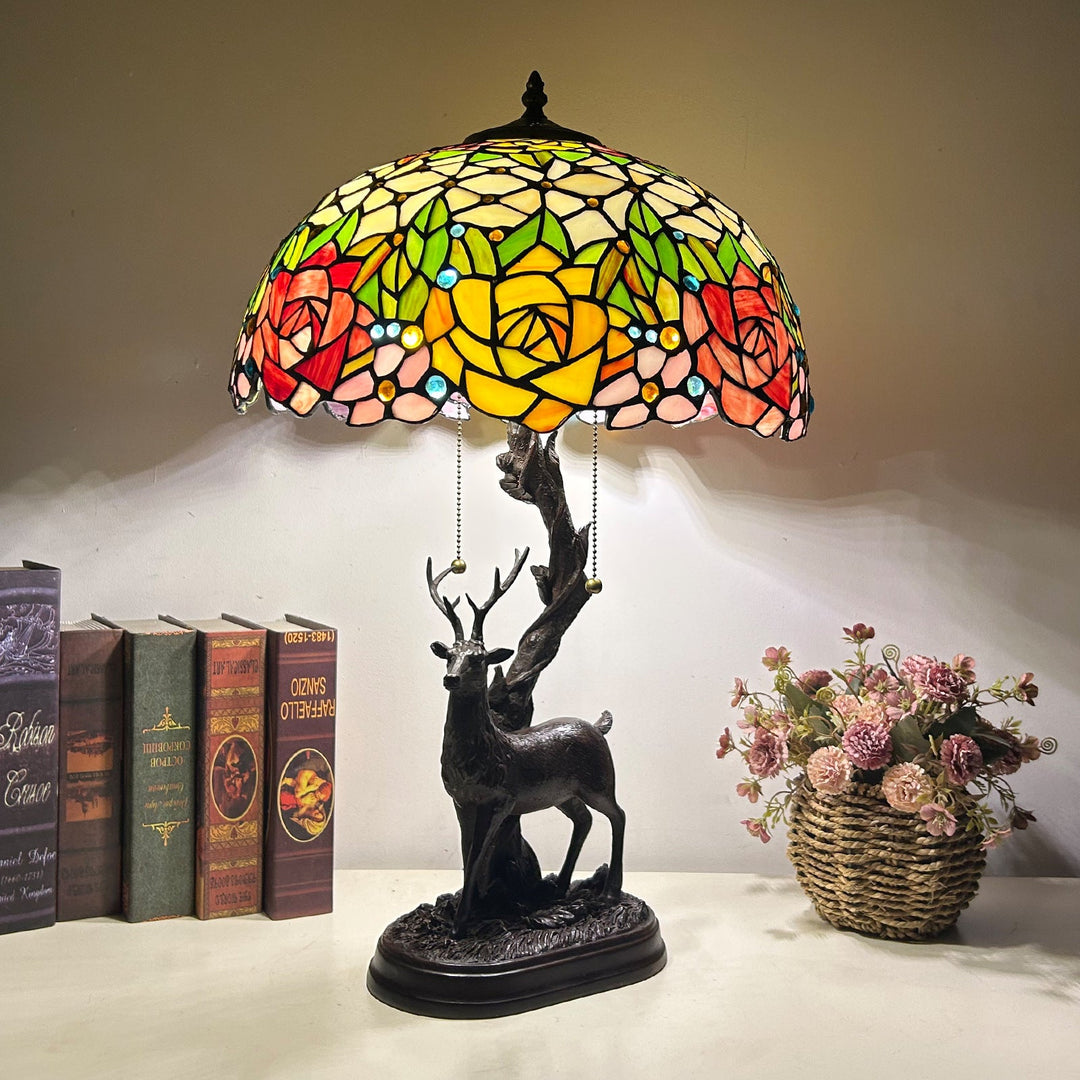 Traditional Tiffany Glass Iron Dome Deer Base Rose Flower 2-Light Table Lamp For Bedroom