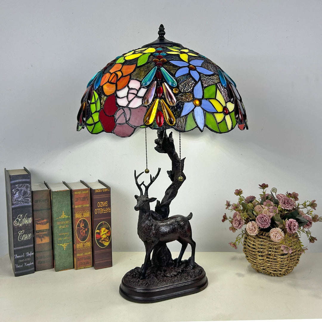 Traditional Tiffany Glass Iron Dome Deer Base Rose Flower 2-Light Table Lamp For Bedroom