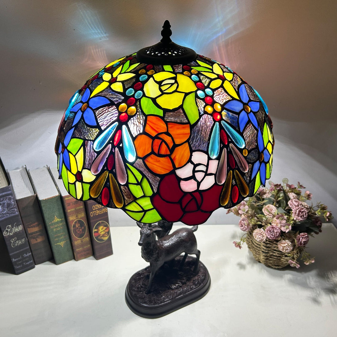 Traditional Tiffany Glass Iron Dome Deer Base Rose Flower 2-Light Table Lamp For Bedroom
