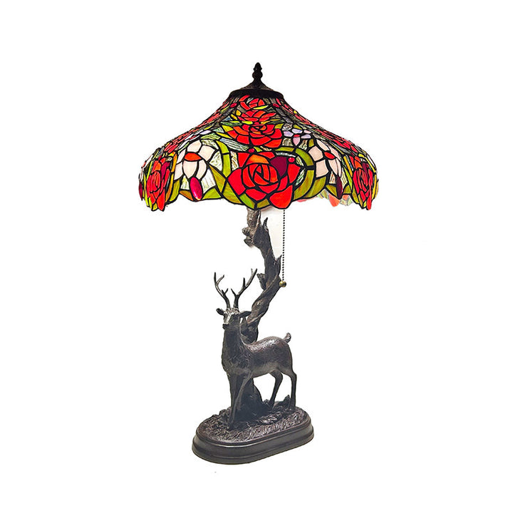 Traditional Tiffany Glass Iron Dome Deer Base Rose Flower 2-Light Table Lamp For Bedroom