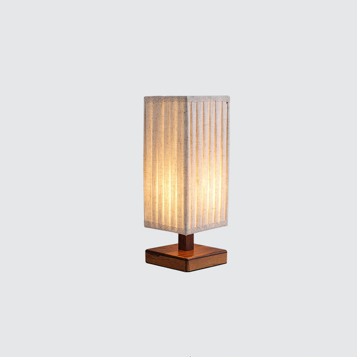 Traditional Japanese Walnut Fabric Square Column 1-Light Table Lamp For Living Room &amp; Bedroom