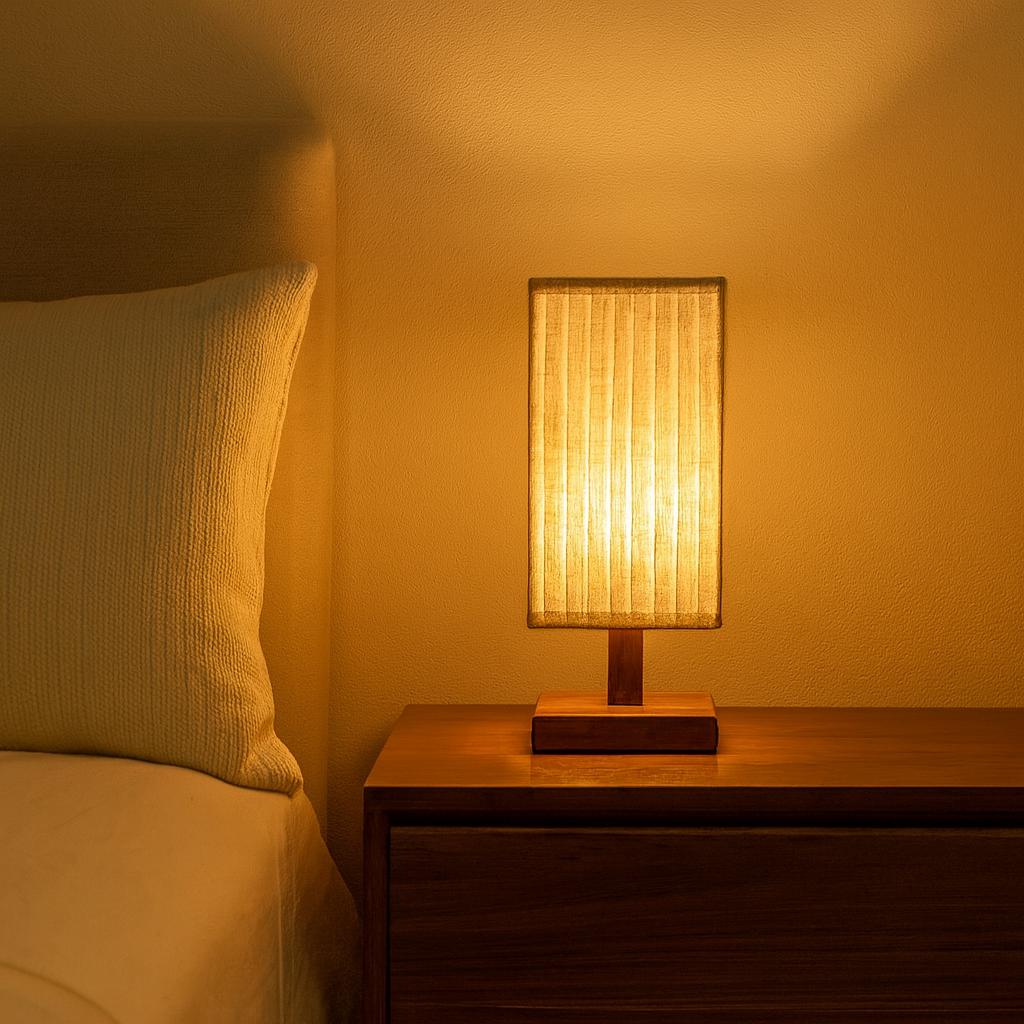 Traditional Japanese Walnut Fabric Square Column 1-Light Table Lamp For Living Room &amp; Bedroom