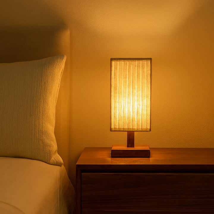 Traditional Japanese Walnut Fabric Square Column 1-Light Table Lamp For Living Room &amp; Bedroom