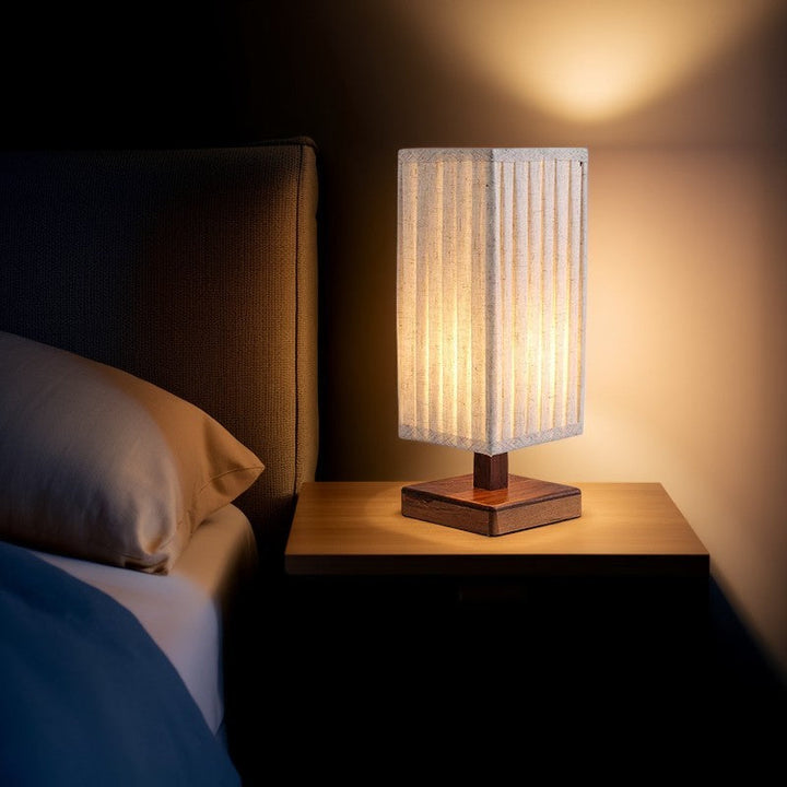 Traditional Japanese Walnut Fabric Square Column 1-Light Table Lamp For Living Room &amp; Bedroom