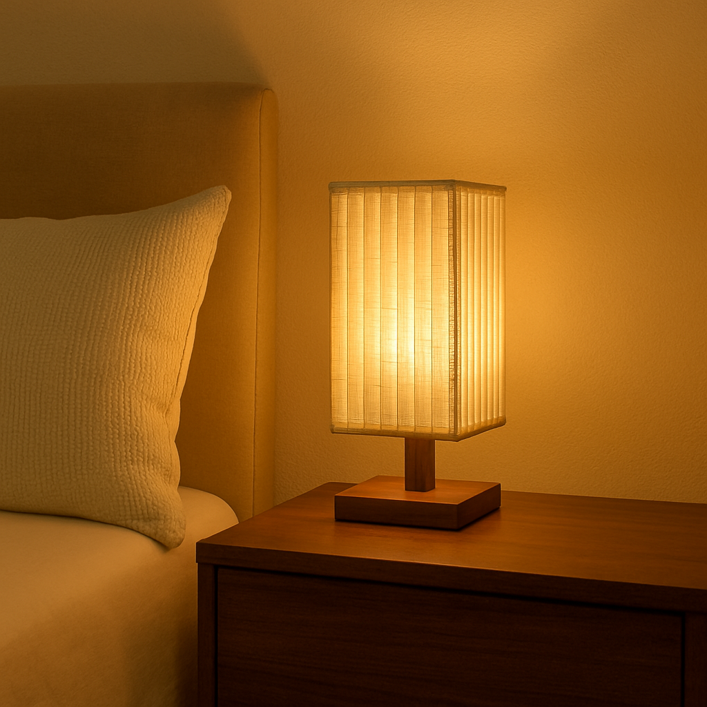 Traditional Japanese Walnut Fabric Square Column 1-Light Table Lamp For Living Room &amp; Bedroom