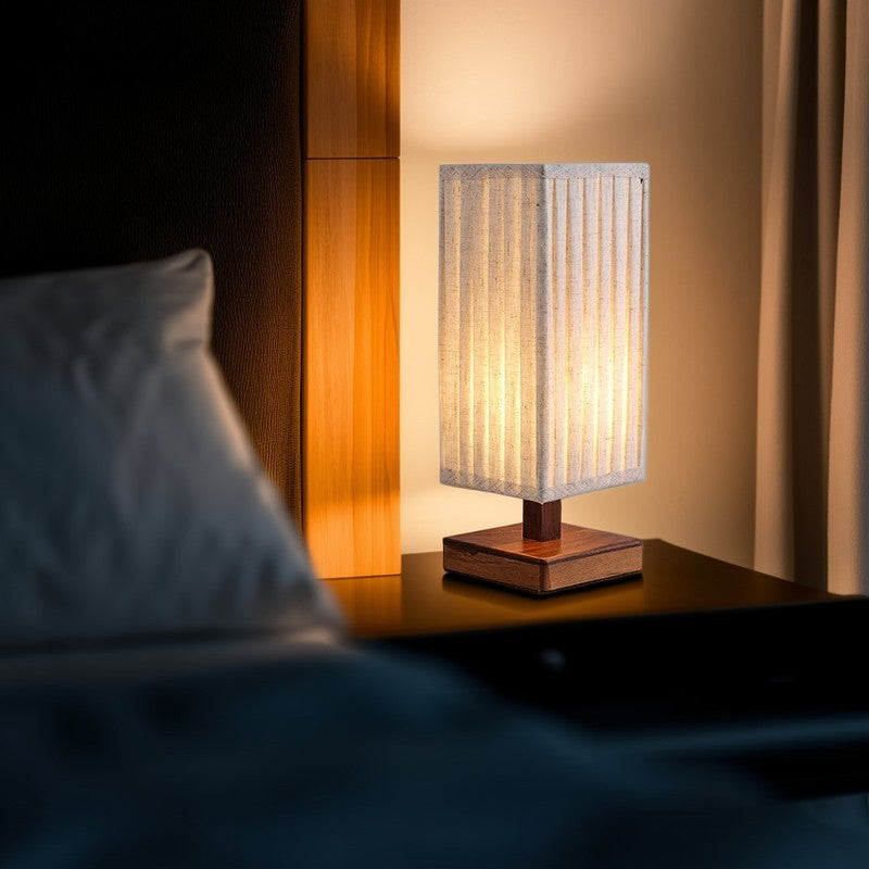 Traditional Japanese Walnut Fabric Square Column 1-Light Table Lamp For Living Room &amp; Bedroom