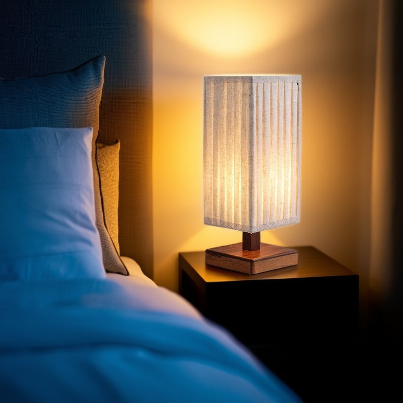 Traditional Japanese Walnut Fabric Square Column 1-Light Table Lamp For Living Room &amp; Bedroom