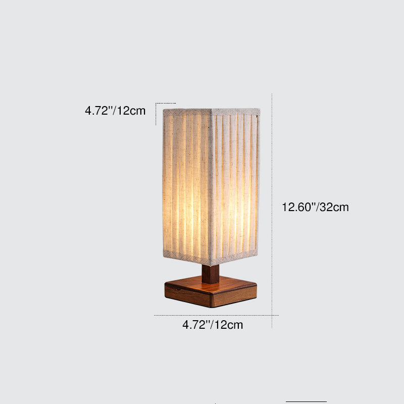 Traditional Japanese Walnut Fabric Square Column 1-Light Table Lamp For Living Room &amp; Bedroom