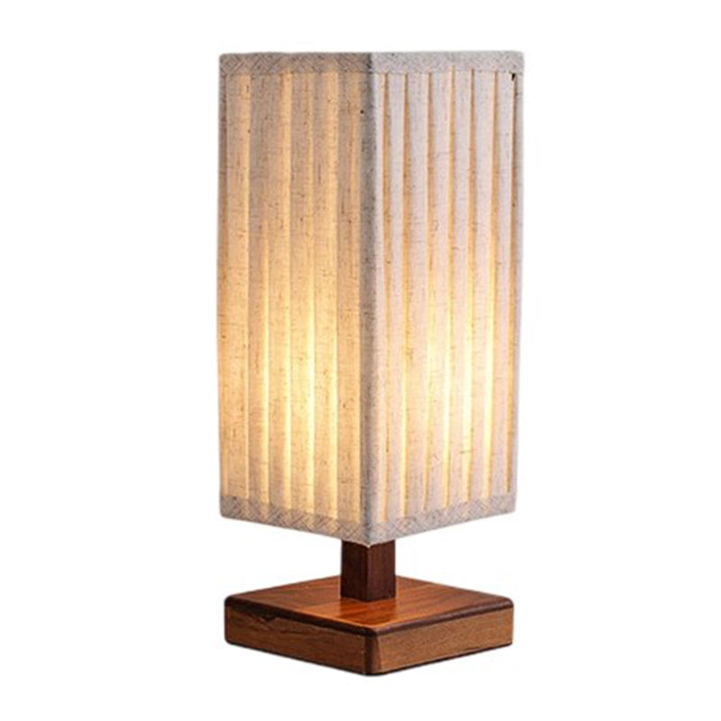 Traditional Japanese Walnut Fabric Square Column 1-Light Table Lamp For Living Room &amp; Bedroom