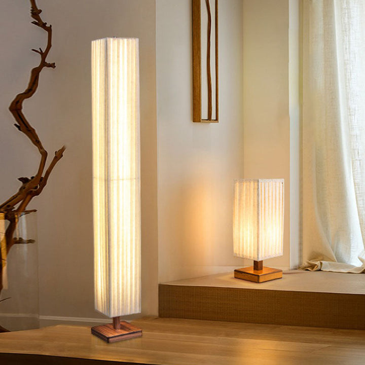 Traditional Japanese Walnut Fabric Square Column 1-Light Table Lamp For Living Room &amp; Bedroom