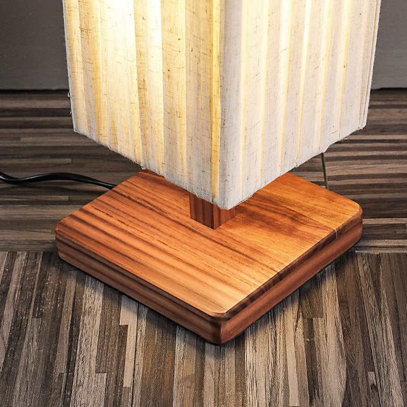 Traditional Japanese Walnut Fabric Square Column 1-Light Table Lamp For Living Room &amp; Bedroom