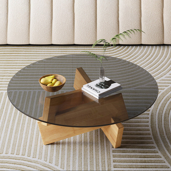 Modern Minimalist Solid Wood Plywood &amp; Tempered Glass Round Mortise Base Coffee Table For Living Room