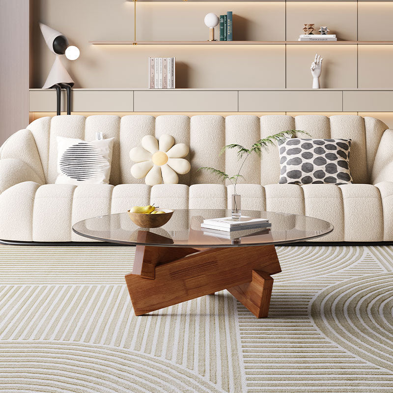 Modern Minimalist Solid Wood Plywood &amp; Tempered Glass Round Mortise Base Coffee Table For Living Room