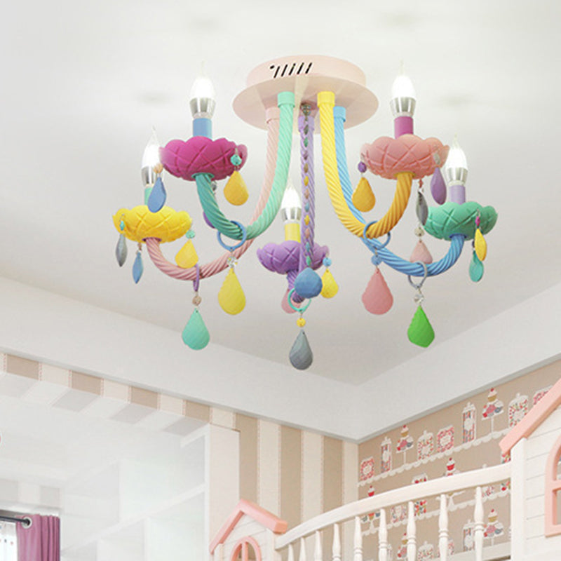 Contemporary Creative Flower Candle-Shaped Kid Iron Crystal Glass 5-Light Flush Mount Ceiling Light For Bedroom