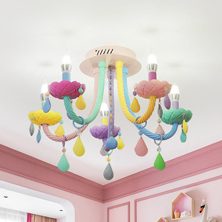 Contemporary Creative Flower Candle-Shaped Kid Iron Crystal Glass 5-Light Flush Mount Ceiling Light For Bedroom