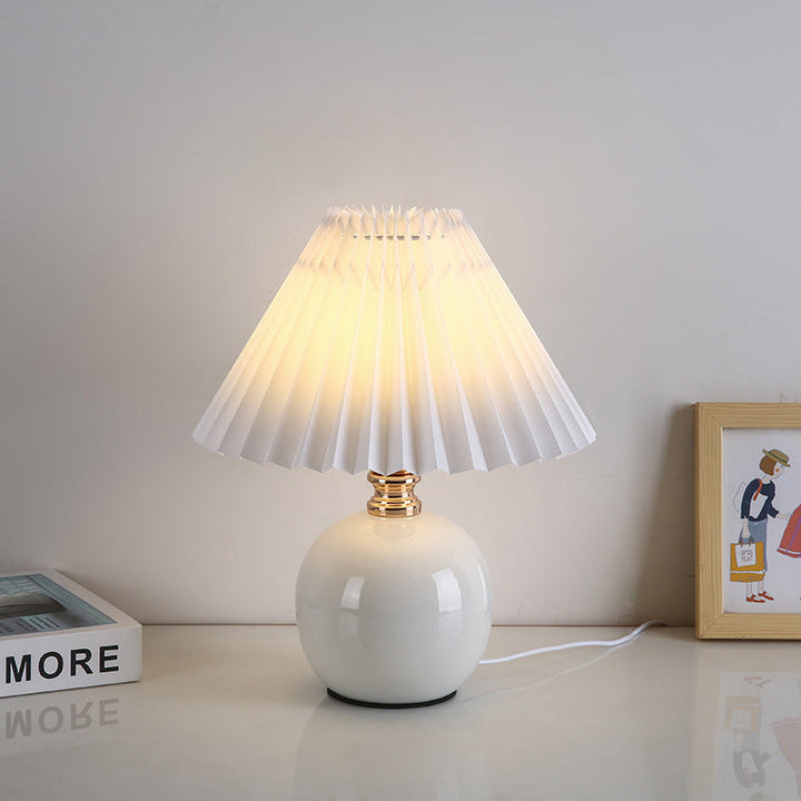 Modern Art Deco Orb Base Pleated Fabric Ceramic 1-Light Table Lamp For Bedroom