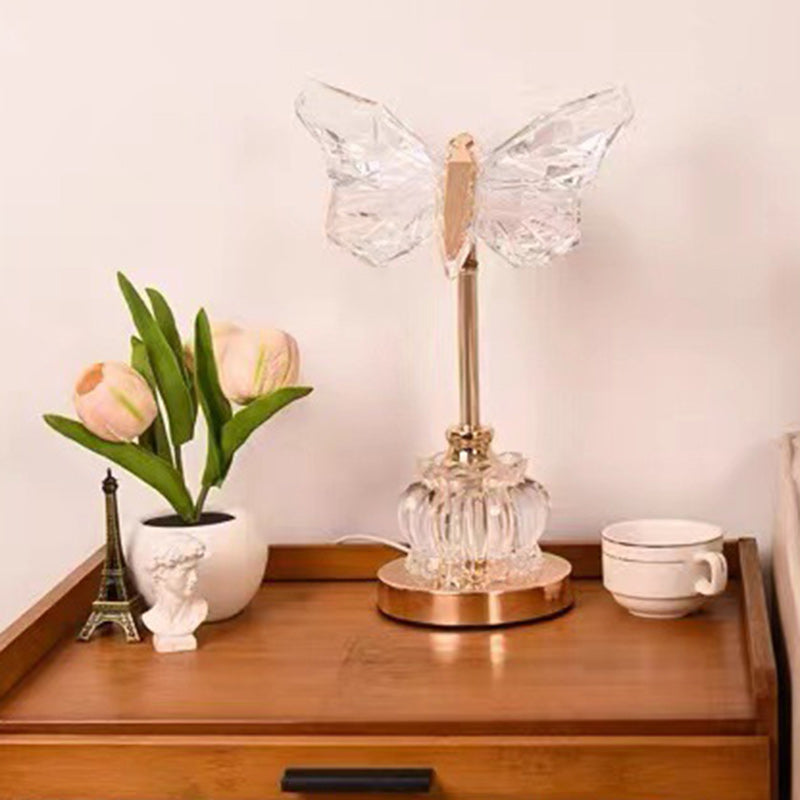 Modern Art Deco Pod Butterfly Hardware Glass Base Acrylic Shade LED Table Lamp For Bedroom