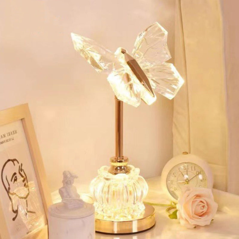 Modern Art Deco Pod Butterfly Hardware Glass Base Acrylic Shade LED Table Lamp For Bedroom