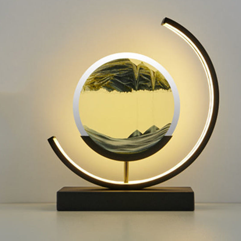 Modern Art Deco Round Quicksand Iron Glass LED Table Lamp For Bedroom