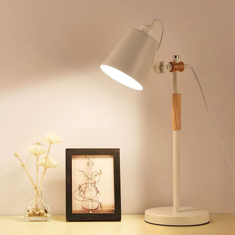 Modern Minimalist Long Pole Cylinder Wood Iron 1-Light Table Lamp For Bedroom