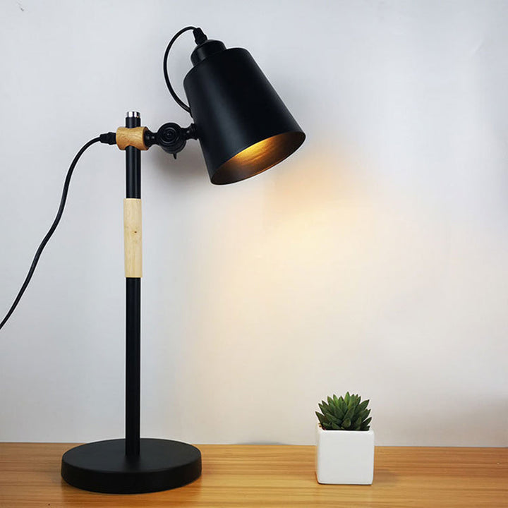 Modern Minimalist Long Pole Cylinder Wood Iron 1-Light Table Lamp For Bedroom