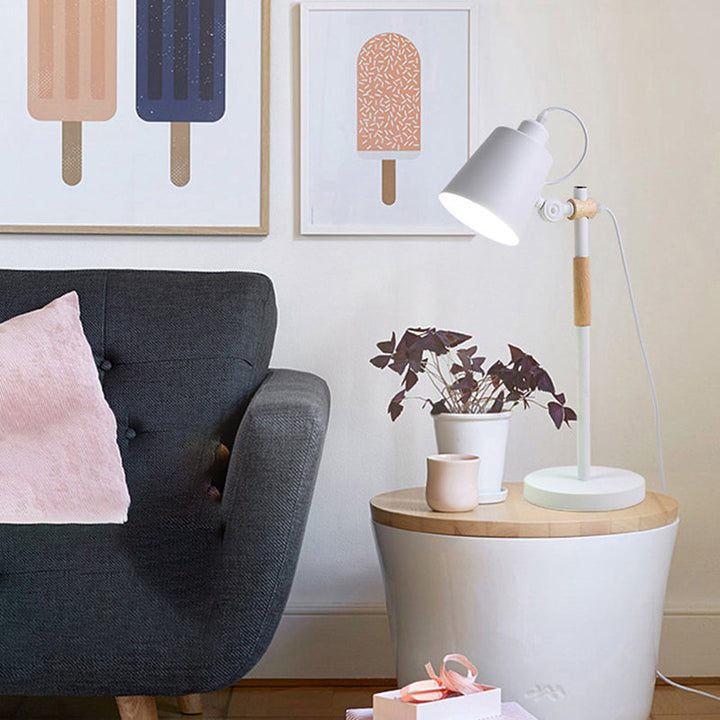 Modern Minimalist Long Pole Cylinder Wood Iron 1-Light Table Lamp For Bedroom