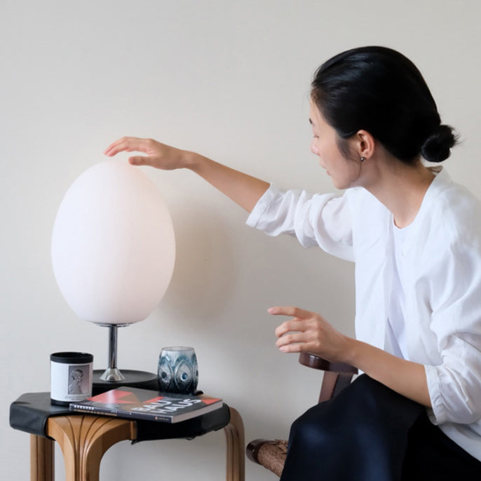 Modern Minimalist Egg Shape Metal Leather Base Glass Shade LED Table Lamp For Bedroom