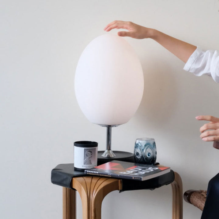 Modern Minimalist Egg Shape Metal Leather Base Glass Shade LED Table Lamp For Bedroom