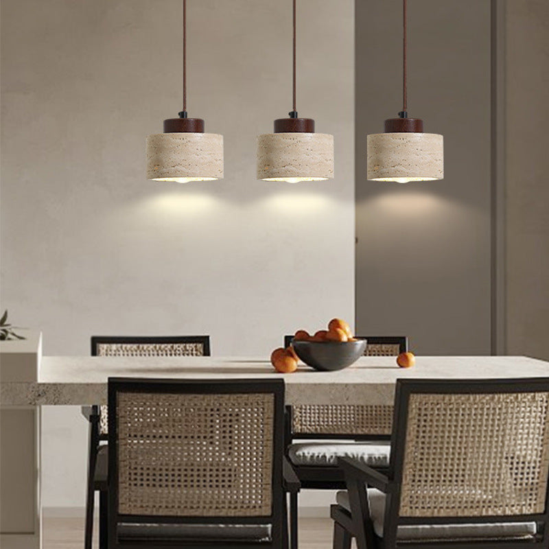 Traditional Vintage Cylinder Wood Travertine 1-Light Pendant Light For Bedroom