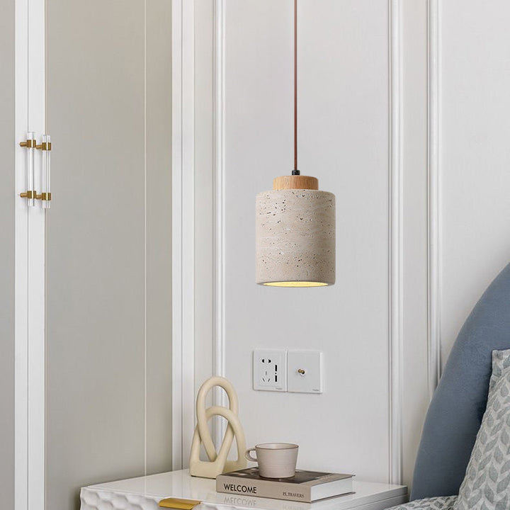 Traditional Vintage Cylinder Wood Travertine 1-Light Pendant Light For Bedroom