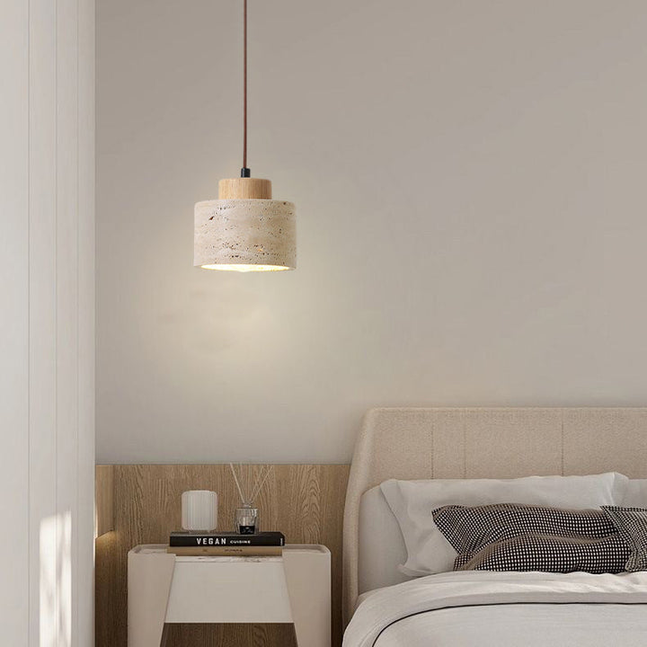 Traditional Vintage Cylinder Wood Travertine 1-Light Pendant Light For Bedroom