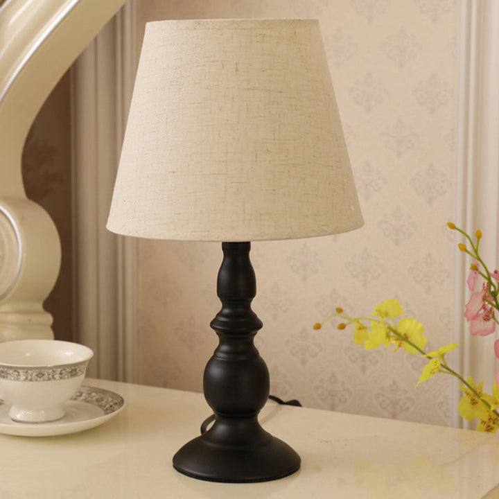Modern Minimalist Round Cone Iron Base Fabric Shade 1-Light Table Lamp For Bedroom