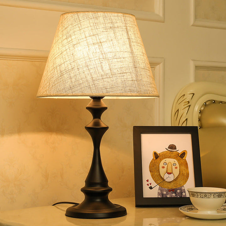 Modern Minimalist Round Cone Iron Base Fabric Shade 1-Light Table Lamp For Bedroom