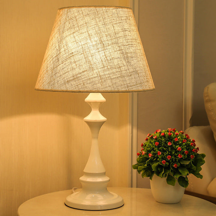 Modern Minimalist Round Cone Iron Base Fabric Shade 1-Light Table Lamp For Bedroom
