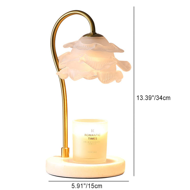 Modern Minimalist Curved Pole Flower Marble Base Iron Frame Glass Shade 1-Light Aroma Melting Wax Table Lamp For Bedroom