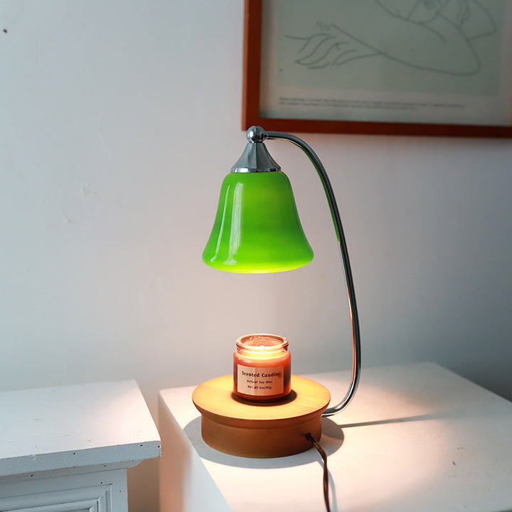 Modern Art Deco Horn Shape Oak Solid Wood Base Iron Frame Glass Shade 1-Light Aromatherapy Melted Wax Table Lamp For Bedroom