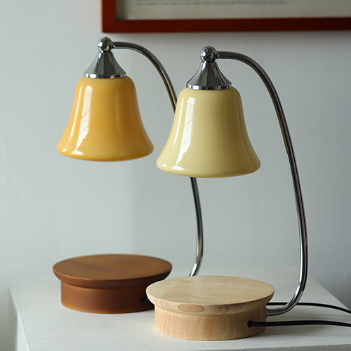 Modern Art Deco Horn Shape Oak Solid Wood Base Iron Frame Glass Shade 1-Light Aromatherapy Melted Wax Table Lamp For Bedroom