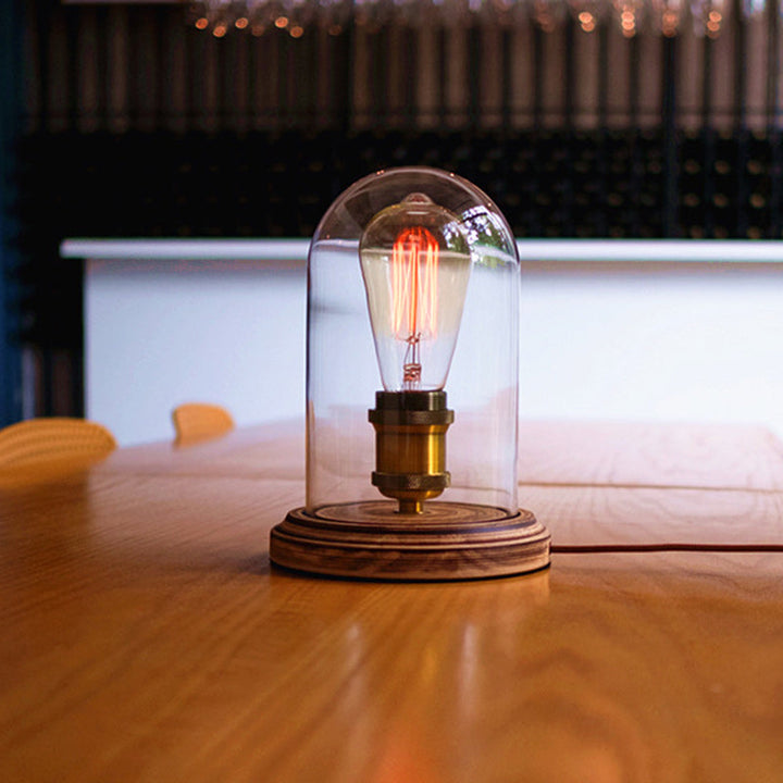 Traditional Vintage Round Cylinder Solid Wood Base Glass Shade 1-Light Table Lamp For Bedroom