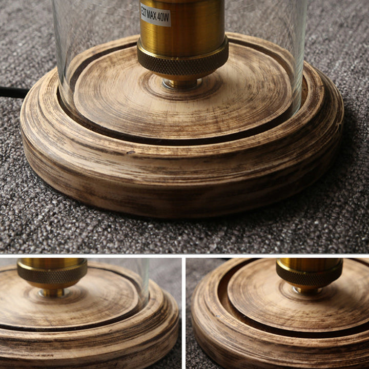 Traditional Vintage Round Cylinder Solid Wood Base Glass Shade 1-Light Table Lamp For Bedroom