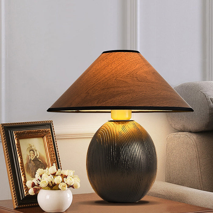 Traditional Vintage Round Conical Jar Base Solid Wood 1-Light Table Lamp For Bedroom