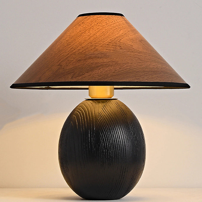 Traditional Vintage Round Conical Jar Base Solid Wood 1-Light Table Lamp For Bedroom