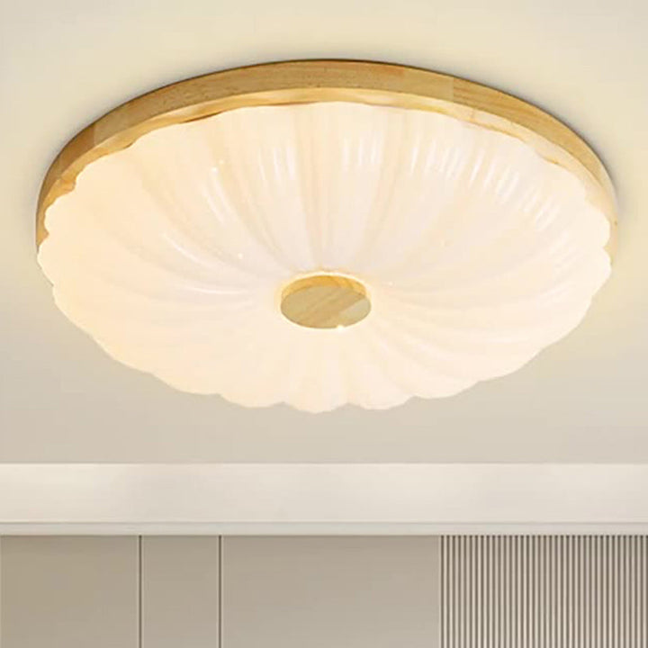 Traditional Japanese Round Iron Wood Plastic LED Flush Mount Ceiling Light For Living Room